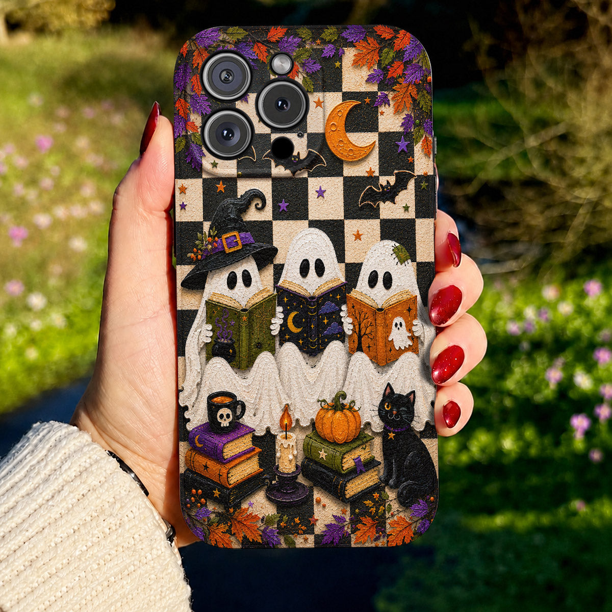 Halloween Leather Phone Case Triple Spooky Reading - Beige