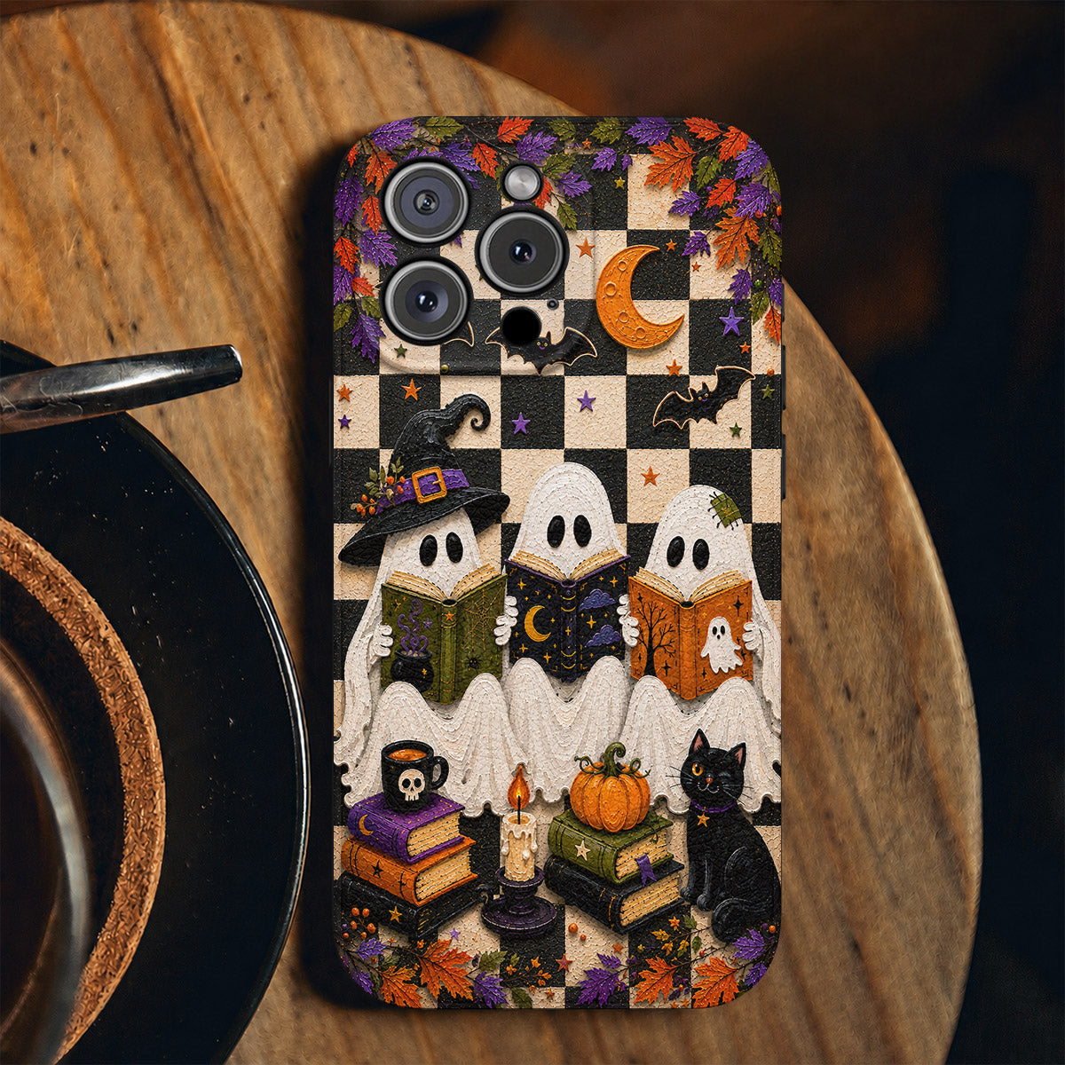 Halloween Leather Phone Case Triple Spooky Reading - Beige