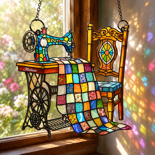 Sewing Lover Decor 3D Glass Suncatcher Custom Name Vintage Sewing Nook