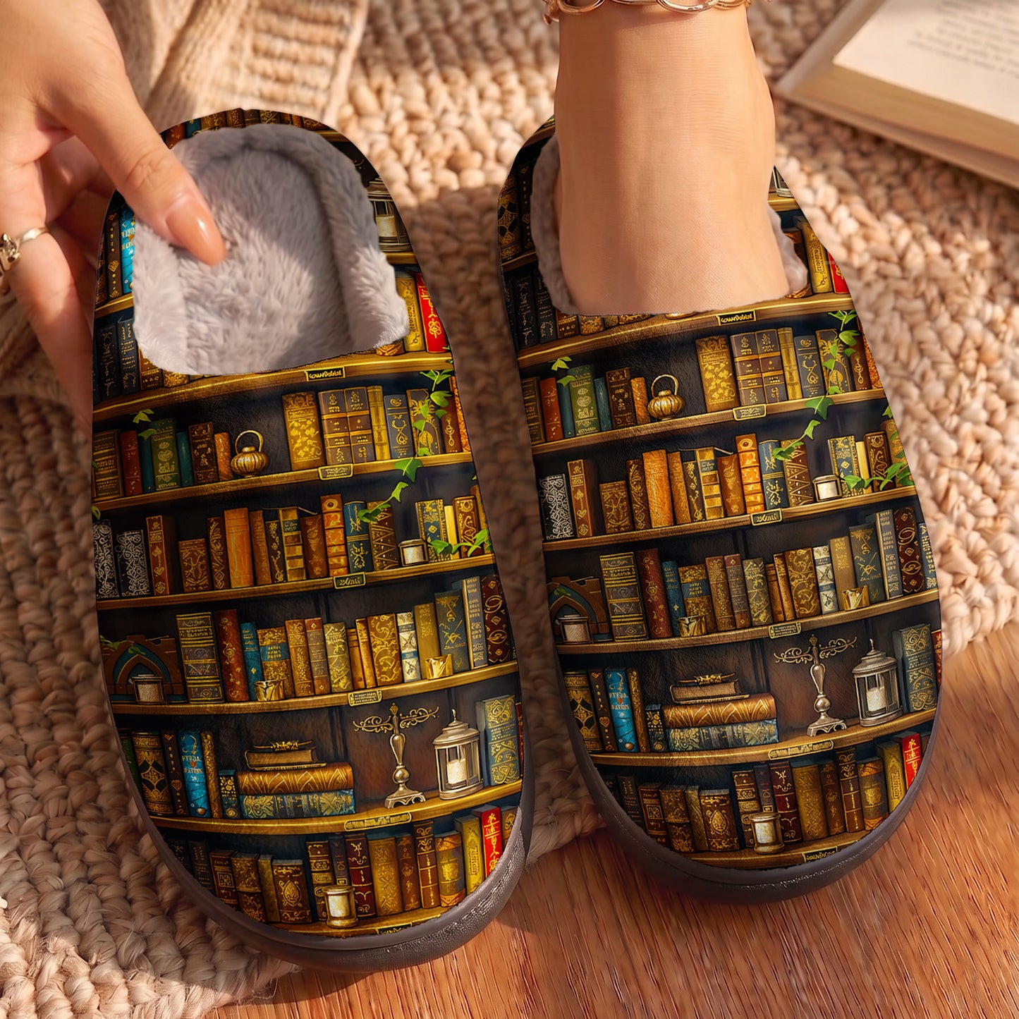 Book Lover PB Fleece Lined Slippers Vintage Bookshelf