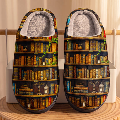 Book Lover PB Fleece Lined Slippers Vintage Bookshelf