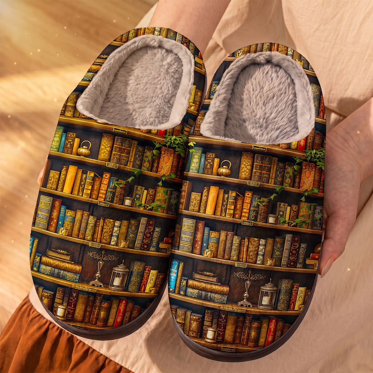 Book Lover PB Fleece Lined Slippers Vintage Bookshelf