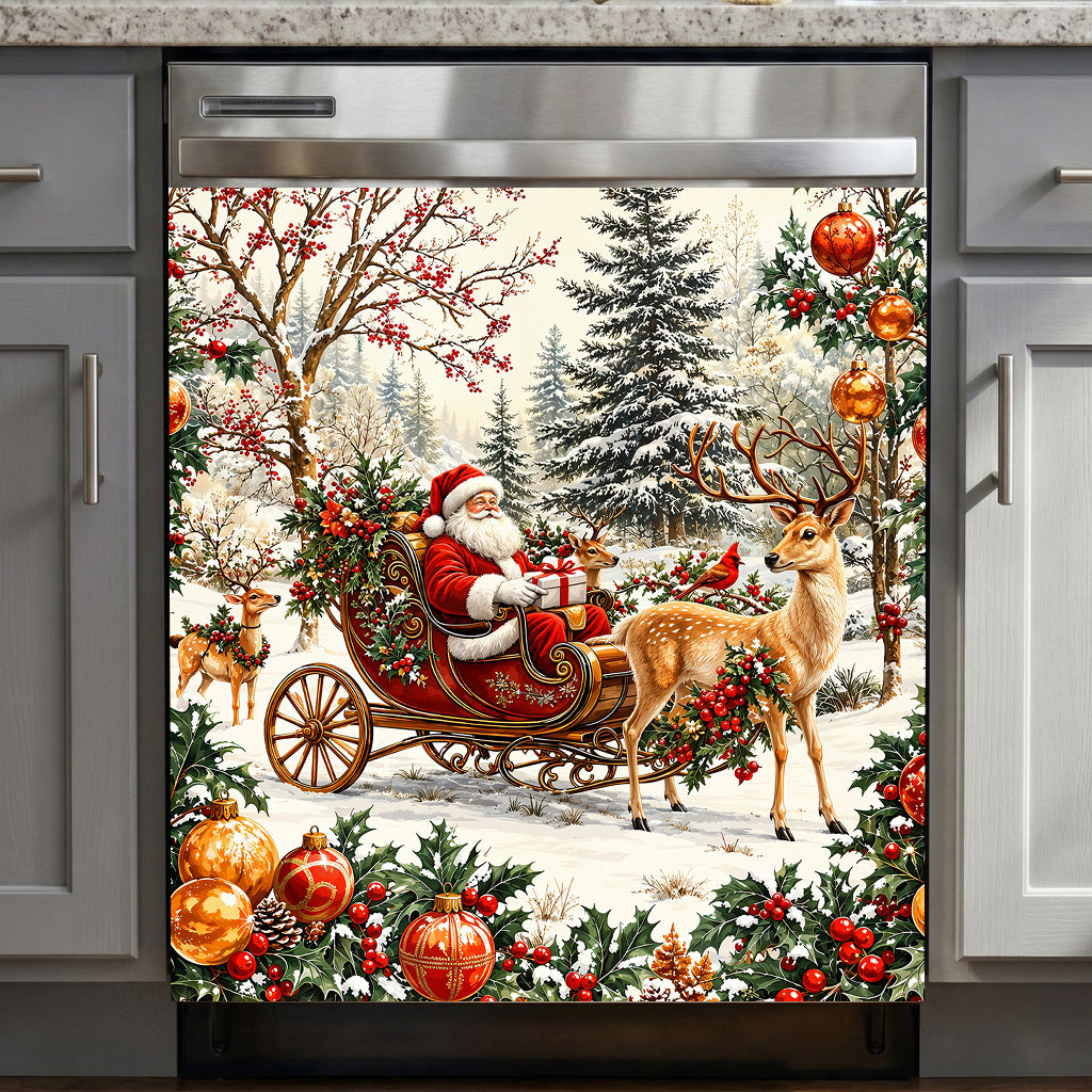 Christmas Magnetic Dishwasher Cover Vintage Santa Sleigh