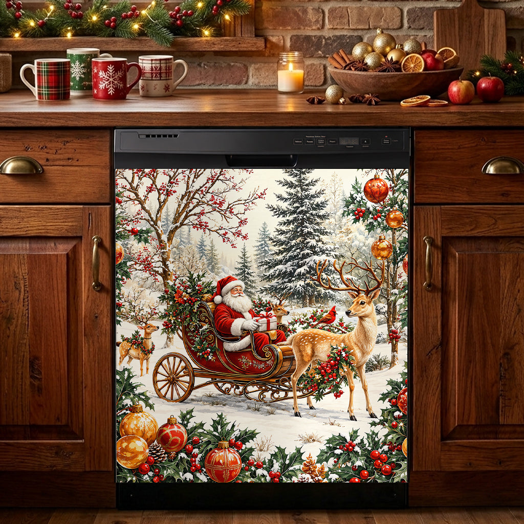 Christmas Magnetic Dishwasher Cover Vintage Santa Sleigh
