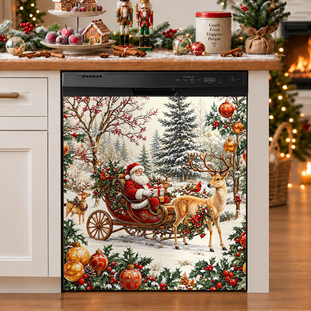 Christmas Magnetic Dishwasher Cover Vintage Santa Sleigh