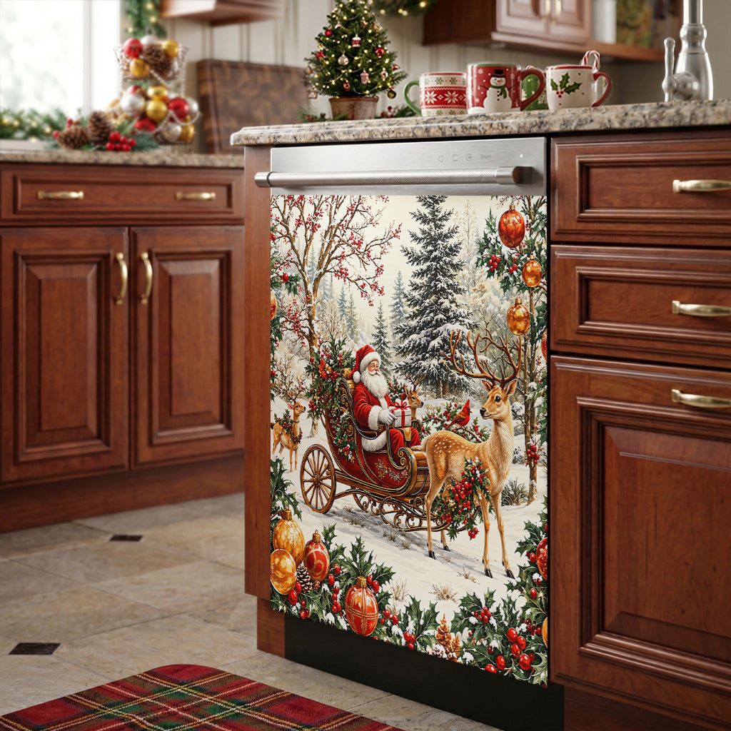 Christmas Magnetic Dishwasher Cover Vintage Santa Sleigh