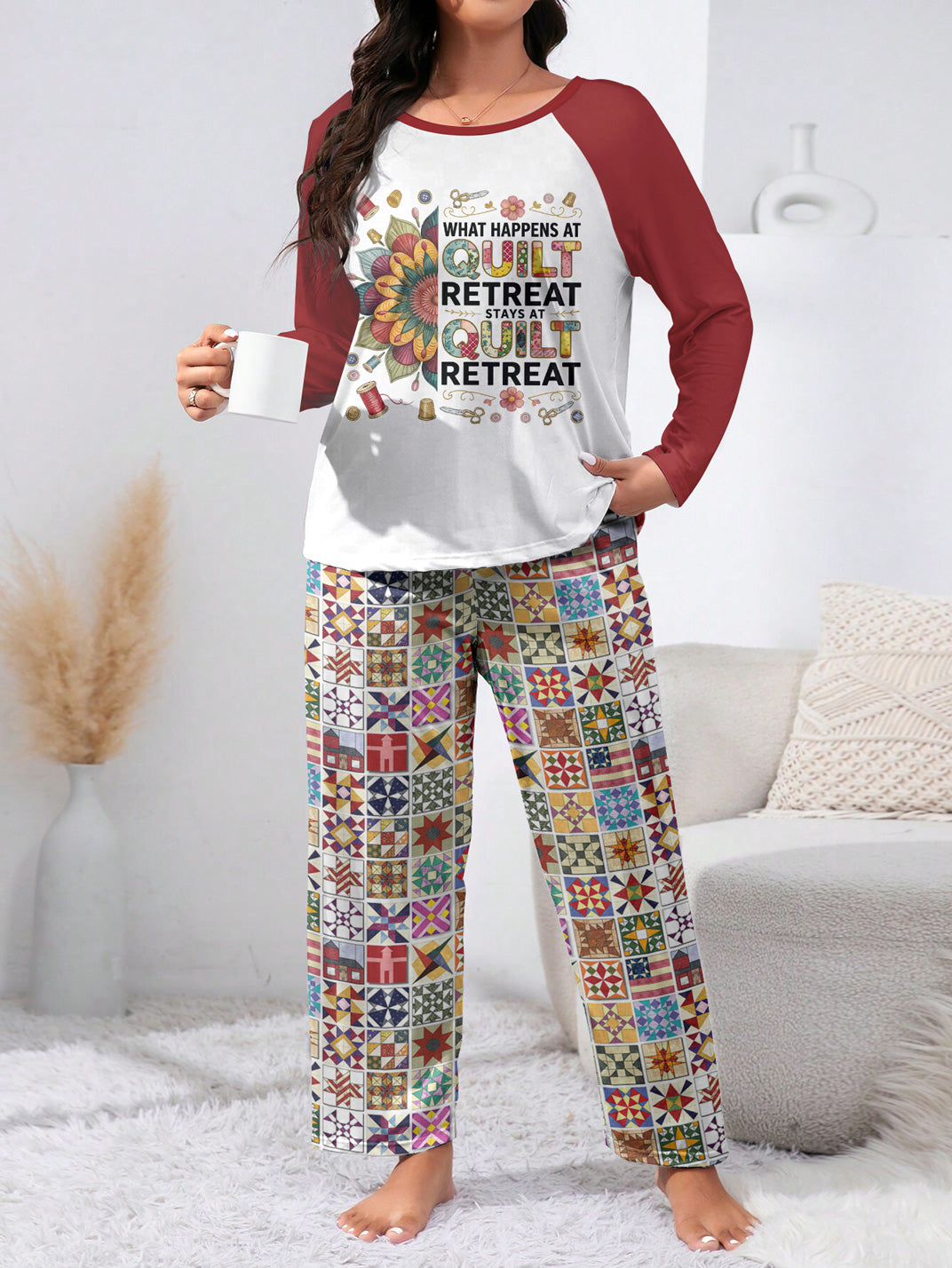 Quilting Lover Raglan Lounge Pajamas What Happens At Quilt Retreat Stays At Quilt Retreat