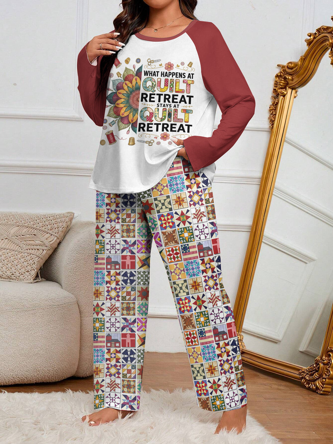 Quilting Lover Raglan Lounge Pajamas What Happens At Quilt Retreat Stays At Quilt Retreat