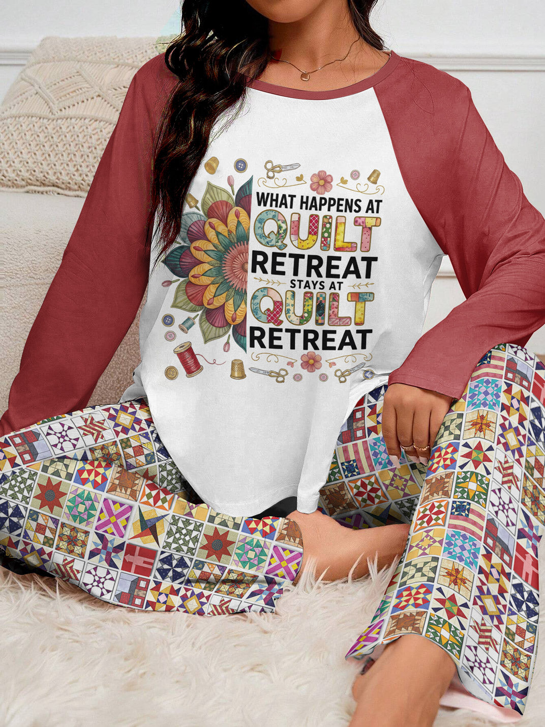Quilting Lover Raglan Lounge Pajamas What Happens At Quilt Retreat Stays At Quilt Retreat