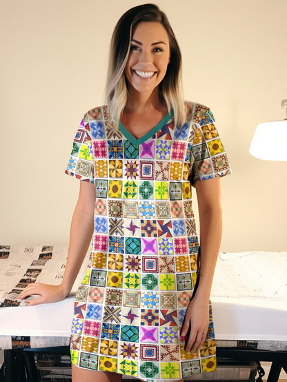Sewing Lover V-neck Nightshirt Block Party