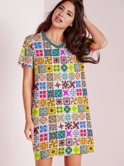 Sewing Lover V-neck Nightshirt Block Party