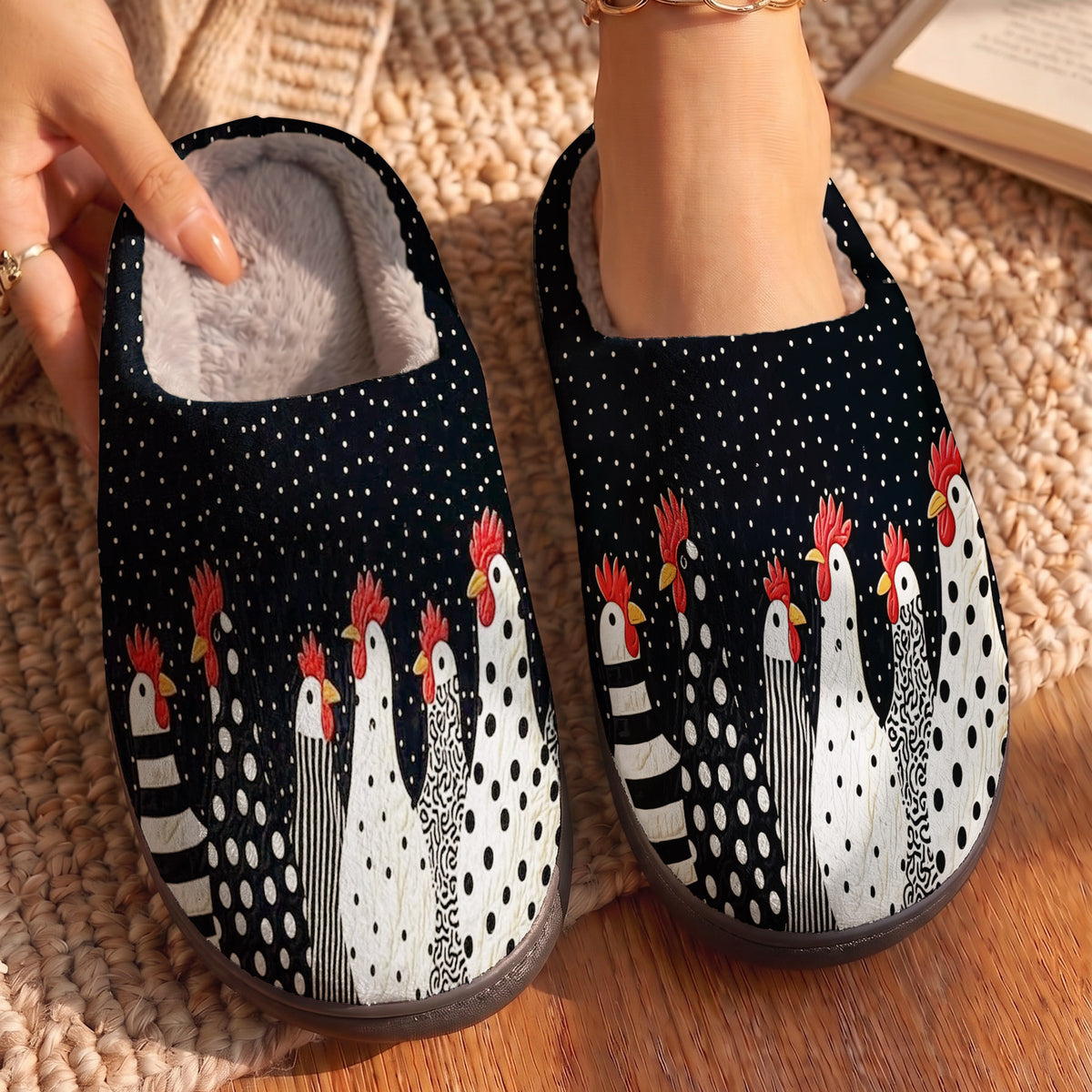 Chicken Lover Fleece Lined Slippers Polkadot Whimsical Coop