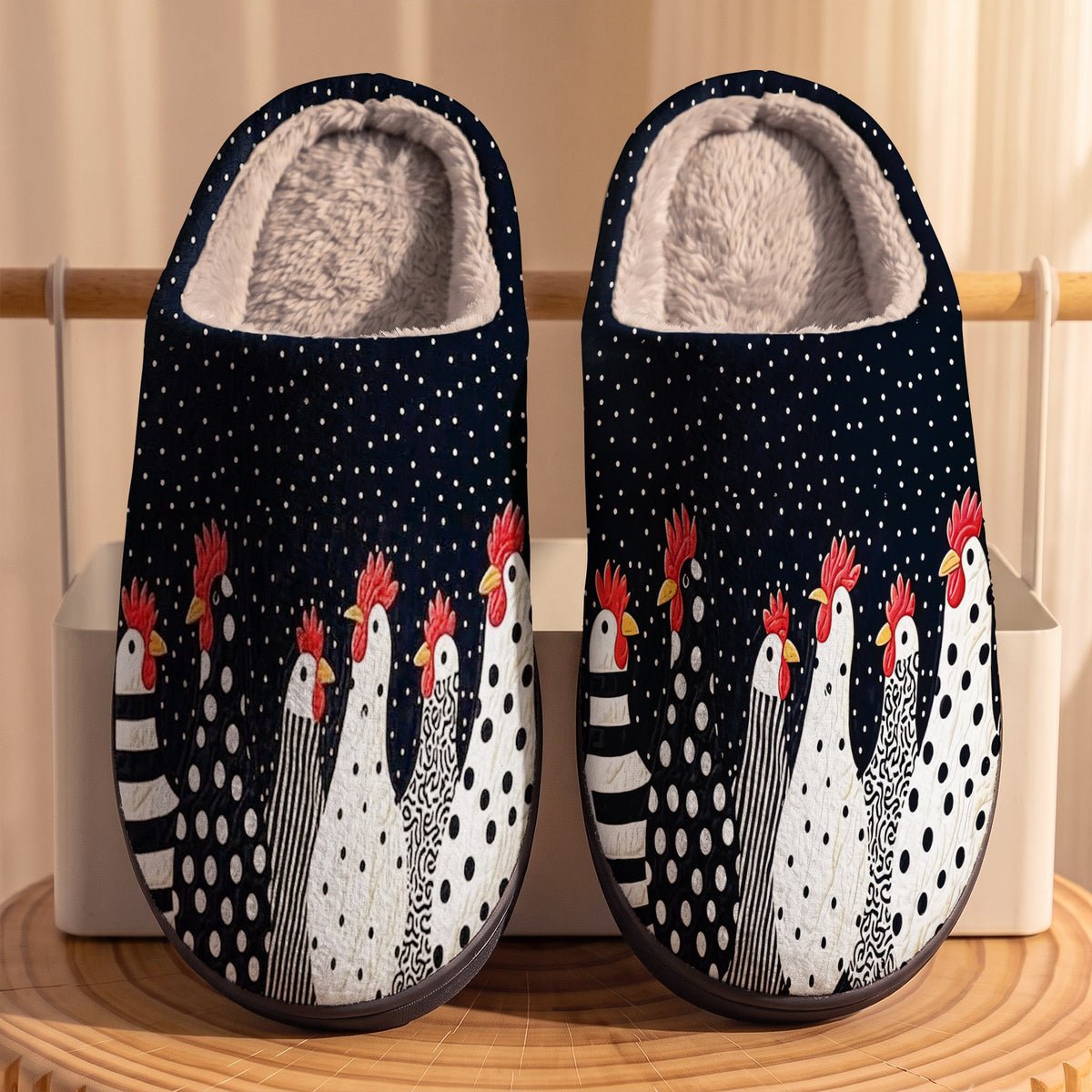 Chicken Lover Fleece Lined Slippers Polkadot Whimsical Coop