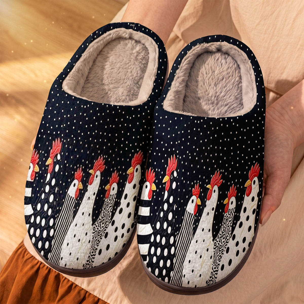 Chicken Lover Fleece Lined Slippers Polkadot Whimsical Coop