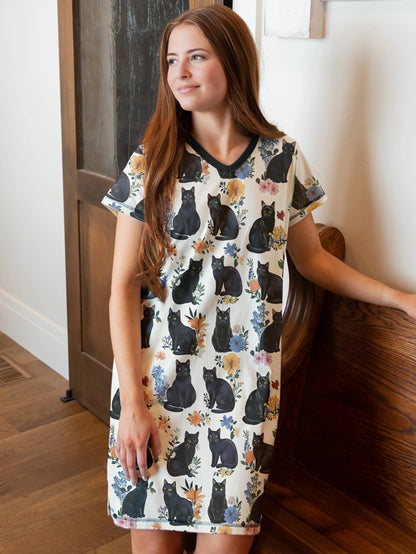 Cat Lover V-neck Nightshirt Whiskers And Blooms