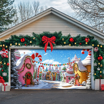Christmas Garage Door Banner Decoration -  Whoville Candy Cane Village