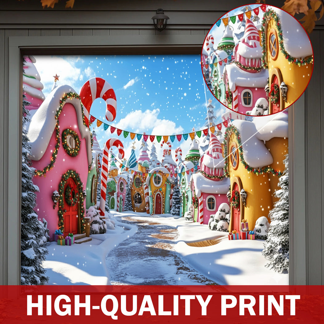 Christmas Garage Door Banner Decoration -  Whoville Candy Cane Village
