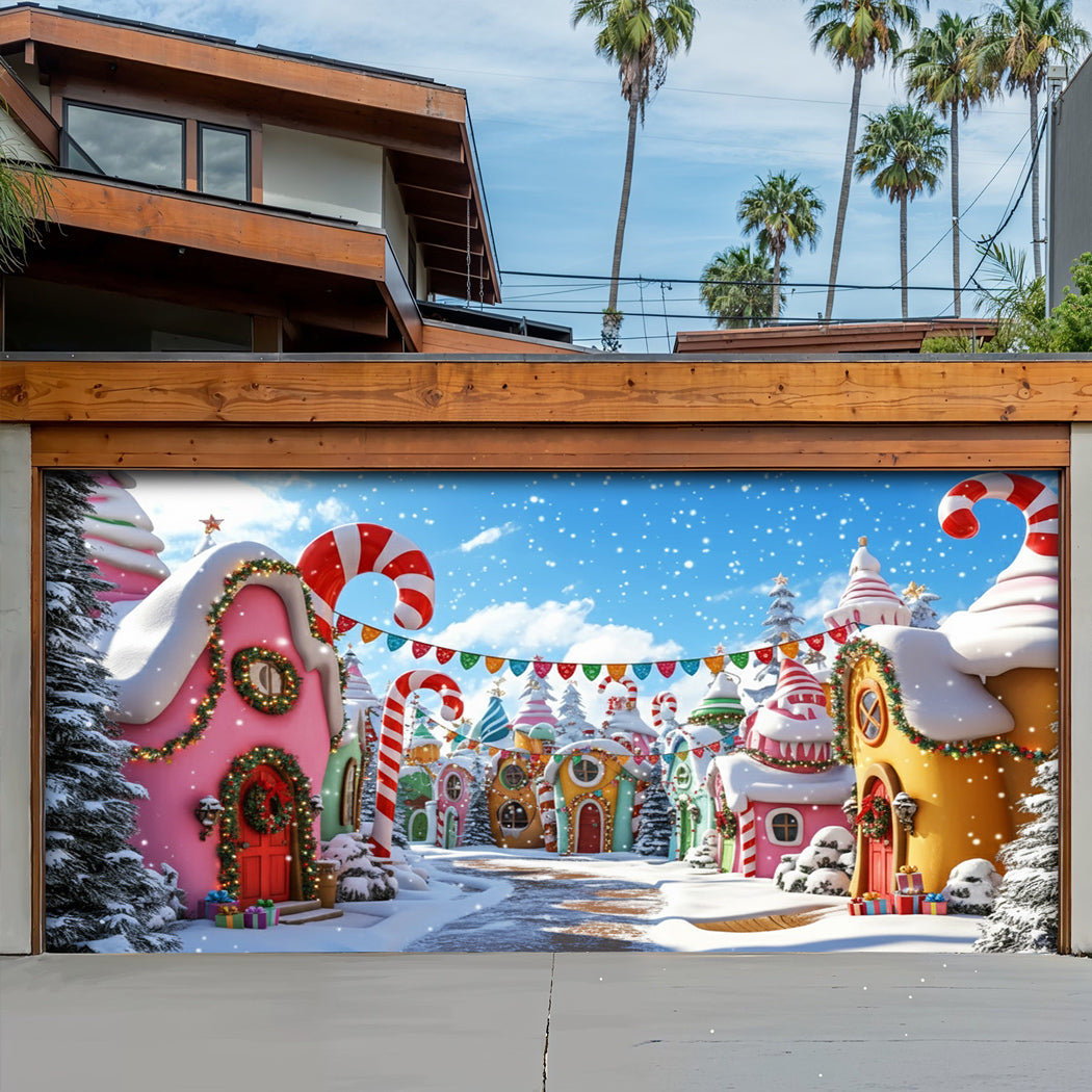 Christmas Garage Door Banner Decoration -  Whoville Candy Cane Village