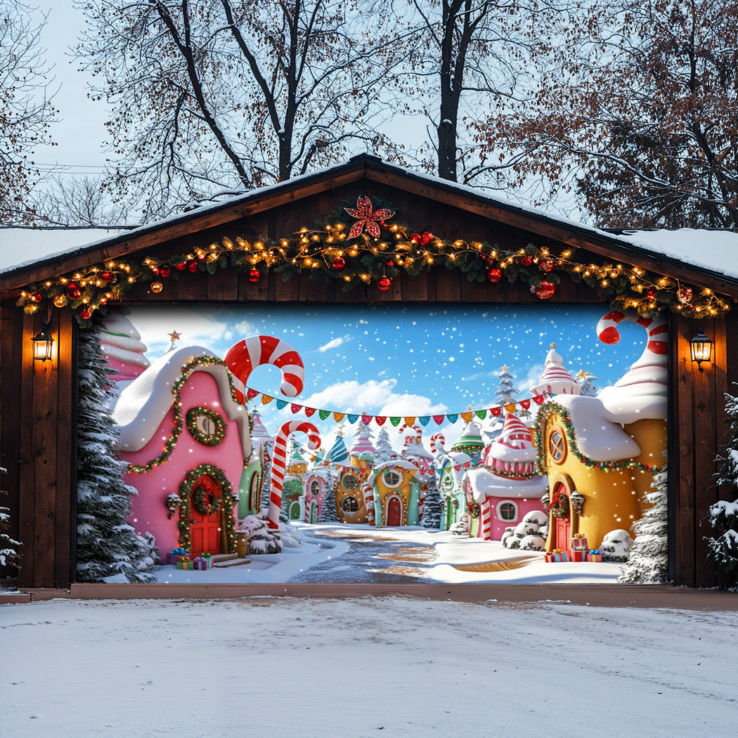 Christmas Garage Door Banner Decoration -  Whoville Candy Cane Village