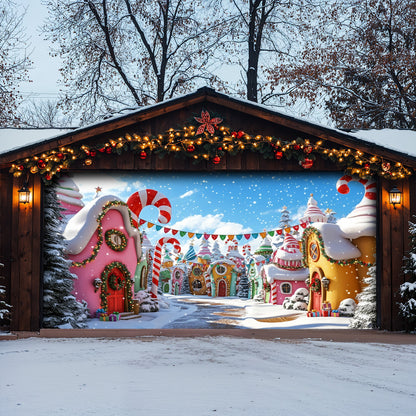 Christmas Garage Door Banner Decoration -  Whoville Candy Cane Village