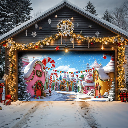 Christmas Garage Door Banner Decoration -  Whoville Candy Cane Village