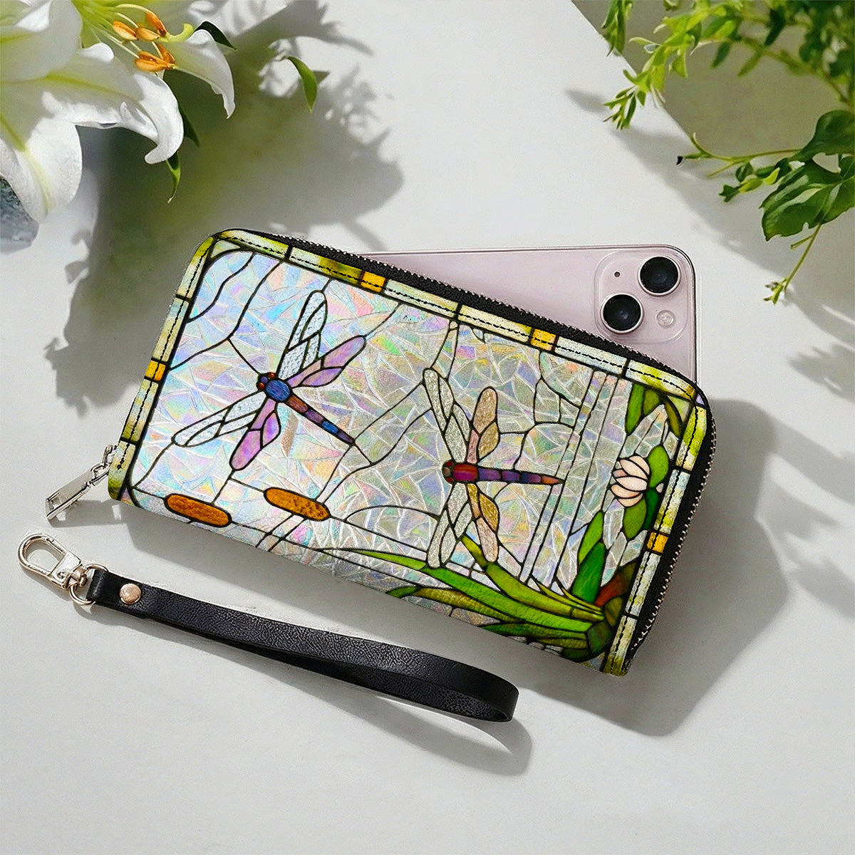 Dragonfly Leather Wallet Wings Of Wonder In Stained Glass