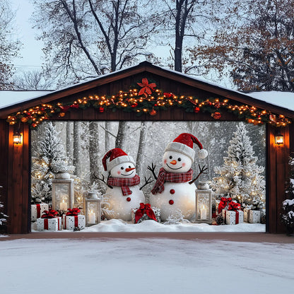 Christmas Garage Door Banner Decoration - Winter Forest Happy Snowman Couple