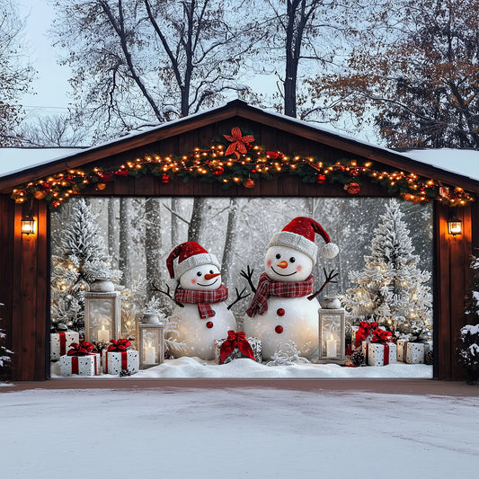 Christmas Garage Door Banner Decoration - Winter Forest Happy Snowman Couple