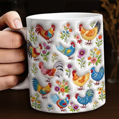 Chicken Lover Ceramic Mug Whimsical Chickens In Wildflower Garden