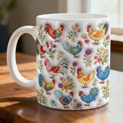 Chicken Lover Ceramic Mug Whimsical Chickens In Wildflower Garden
