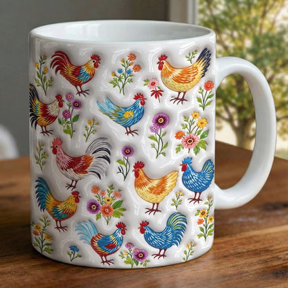 Chicken Lover Ceramic Mug Whimsical Chickens In Wildflower Garden