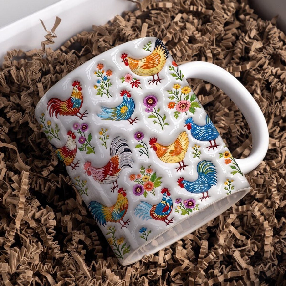Chicken Lover Ceramic Mug Whimsical Chickens In Wildflower Garden