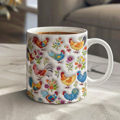 Chicken Lover Ceramic Mug Whimsical Chickens In Wildflower Garden