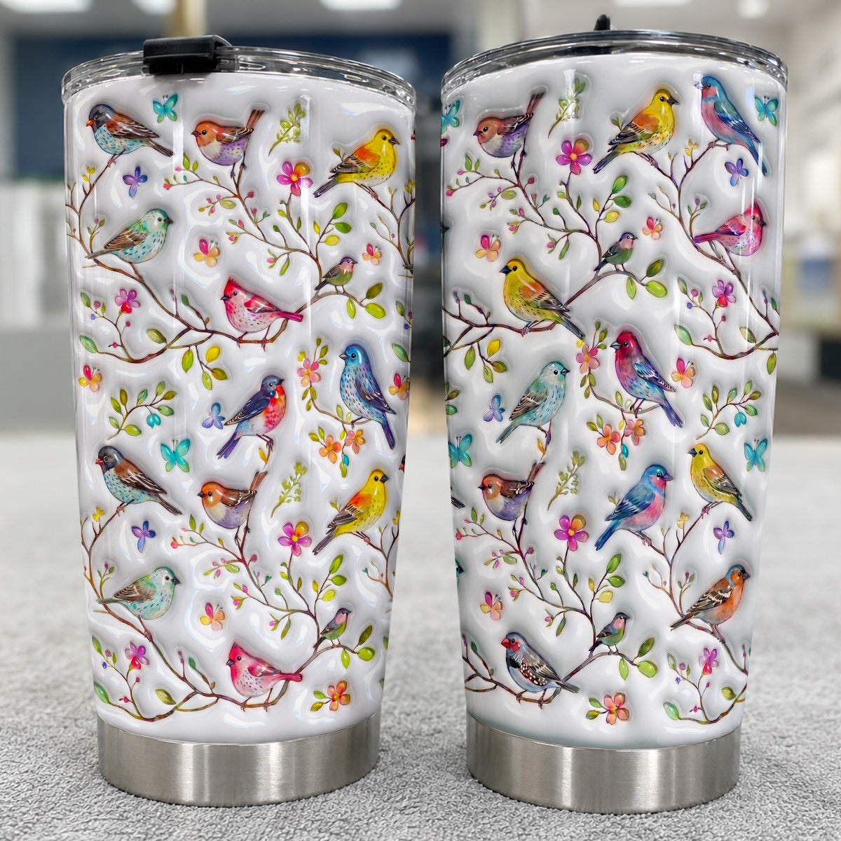 Bird Lovers 20 oz Tumbler Puffy Whispering Songbirds Blossom Haven