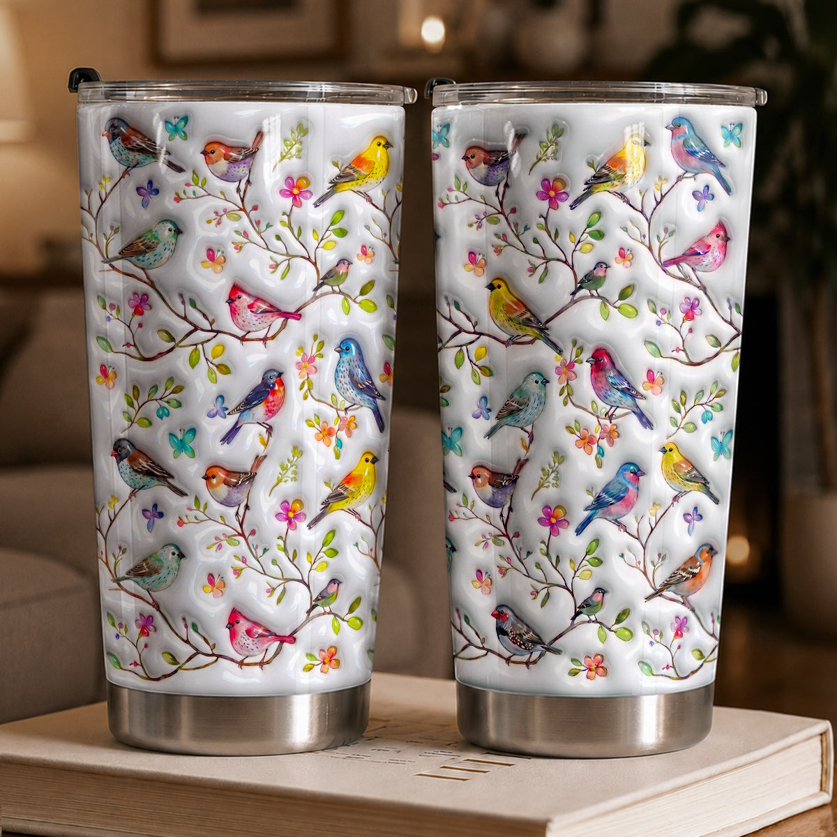 Bird Lovers 20 oz Tumbler Puffy Whispering Songbirds Blossom Haven