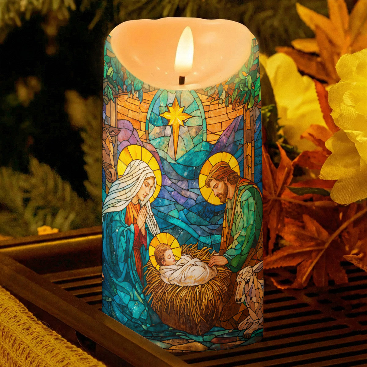 God LED Candle Stained-Glass Nativity of Light