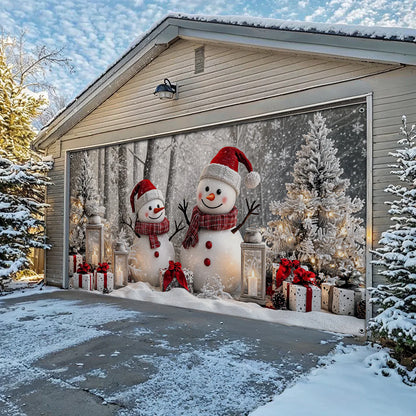 Christmas Garage Door Banner Decoration - Winter Forest Happy Snowman Couple