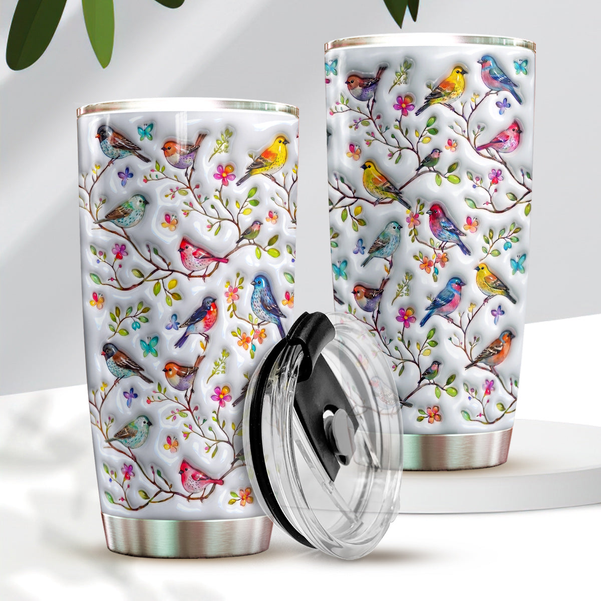 Bird Lovers 20 oz Tumbler Puffy Whispering Songbirds Blossom Haven