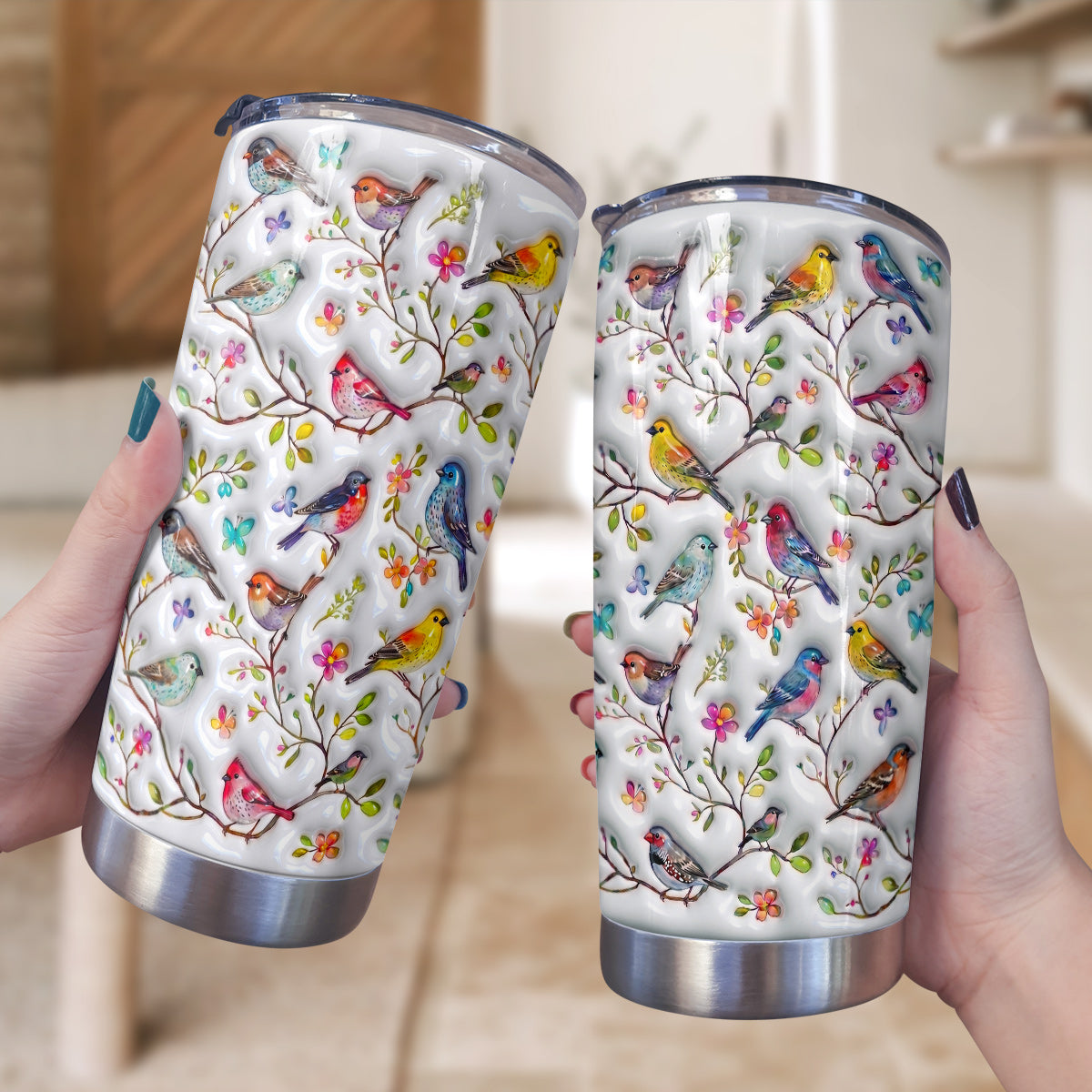 Bird Lovers 20 oz Tumbler Puffy Whispering Songbirds Blossom Haven
