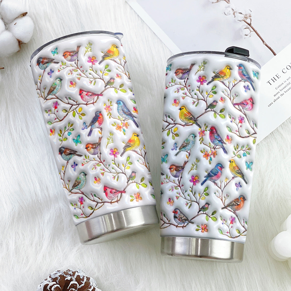 Bird Lovers 20 oz Tumbler Puffy Whispering Songbirds Blossom Haven