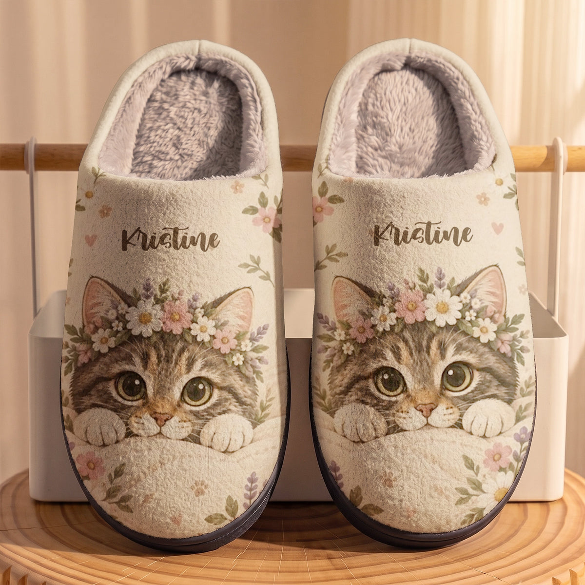 Personalized Cat Fleece Lined Slippers Floral Kitty