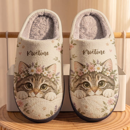 Personalized Cat Fleece Lined Slippers Floral Kitty
