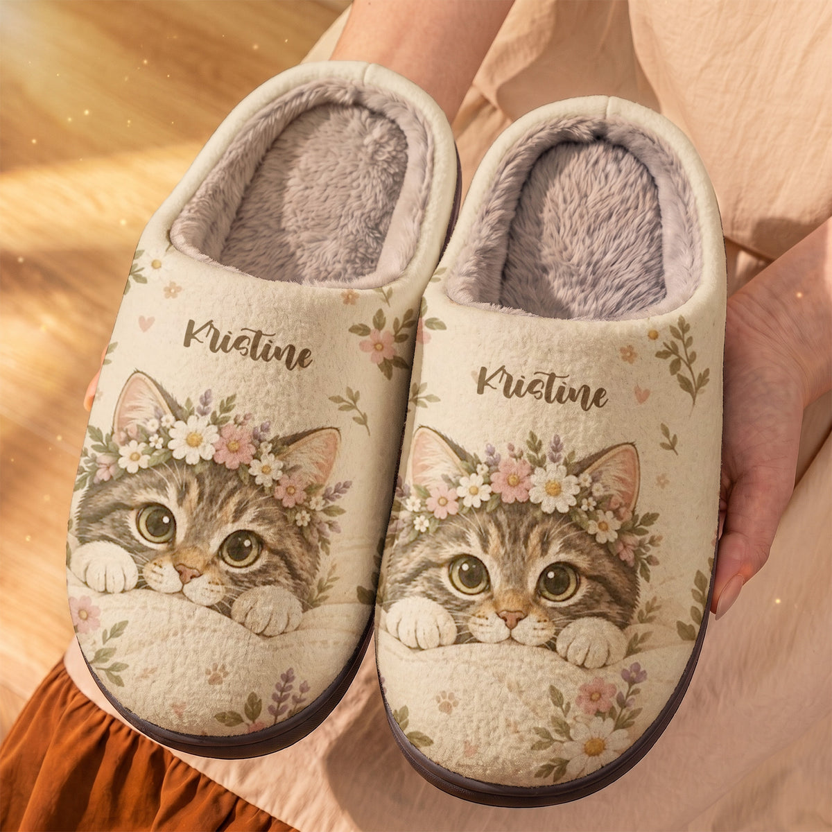 Personalized Cat Fleece Lined Slippers Floral Kitty