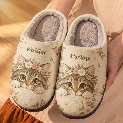 Personalized Cat Fleece Lined Slippers Floral Kitty