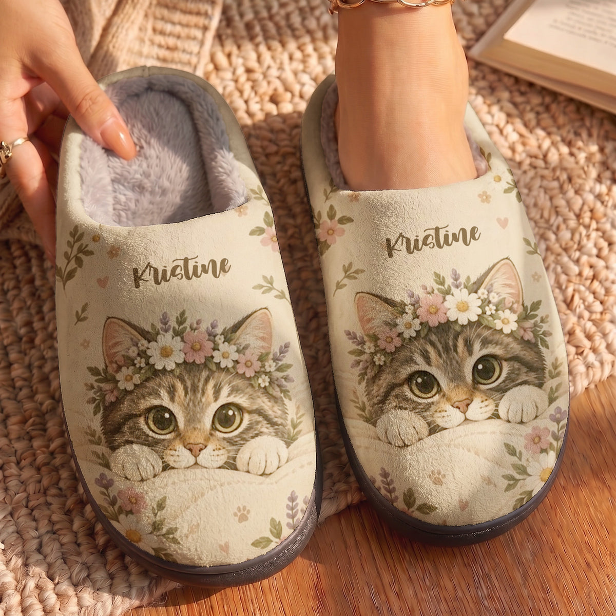 Personalized Cat Fleece Lined Slippers Floral Kitty