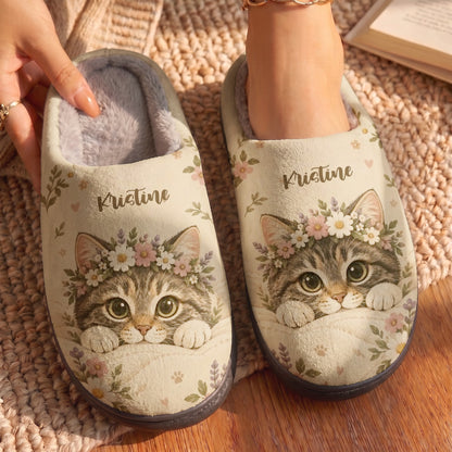 Personalized Cat Fleece Lined Slippers Floral Kitty