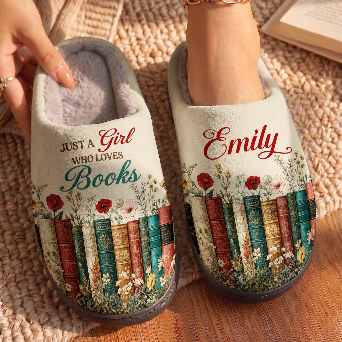 Personalized Book Lover Fleece Lined Slippers Whispers Of Wildflowers Between Timeless Pages