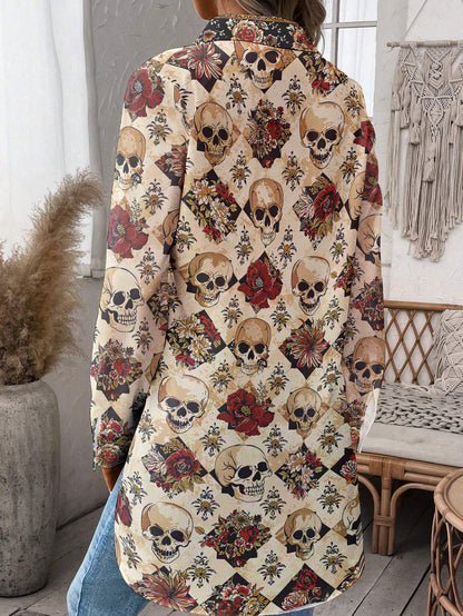 Skull Oversized Long Shirt Elegant Skull Roses