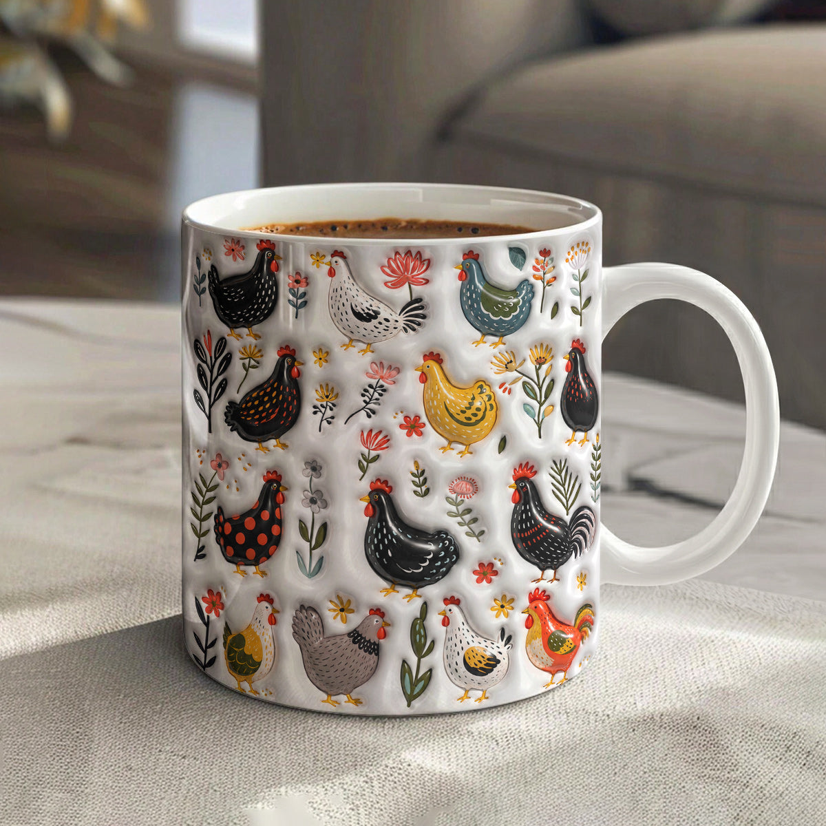 Chicken Ceramic Mug Garden Chicken Folk Art