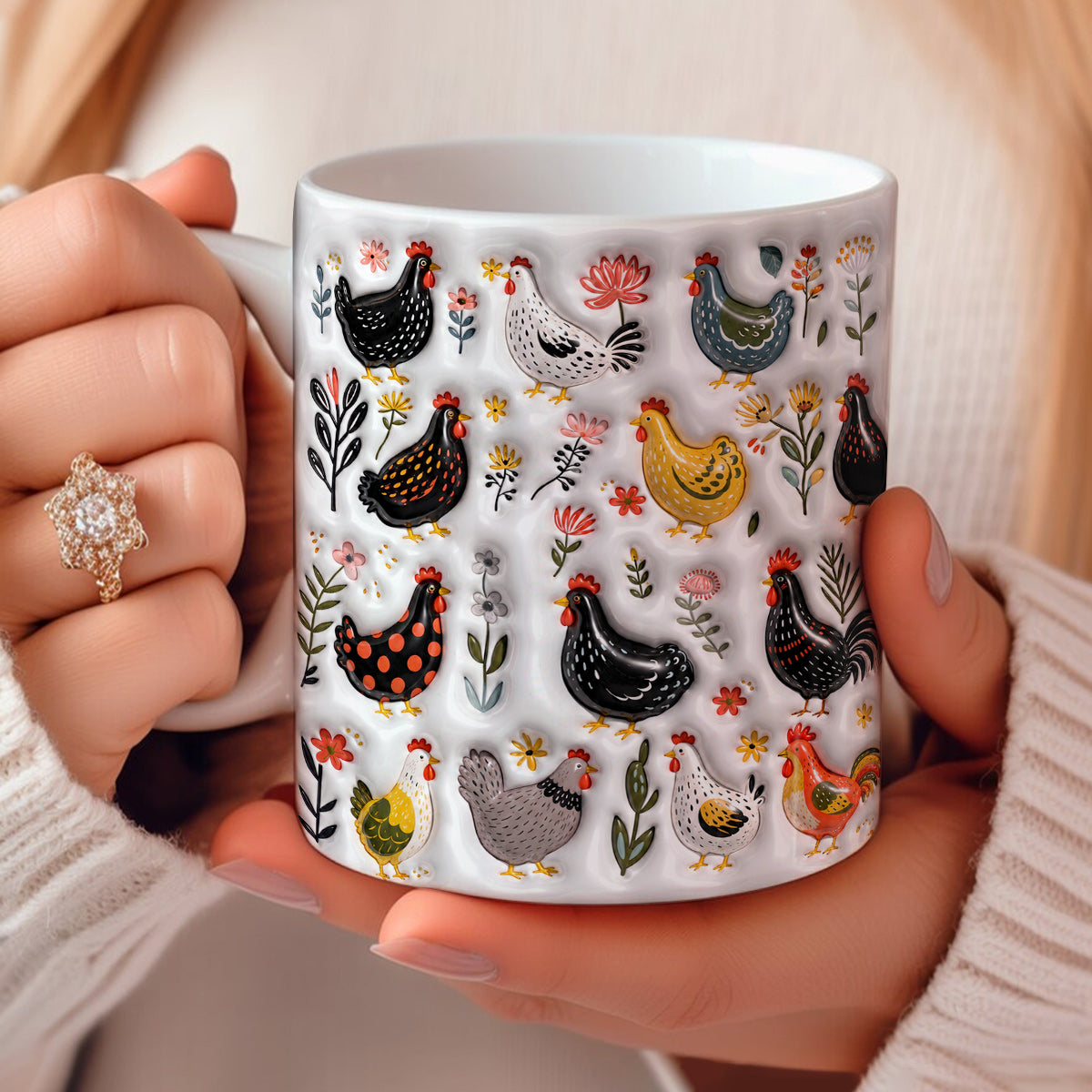 Chicken Ceramic Mug Garden Chicken Folk Art